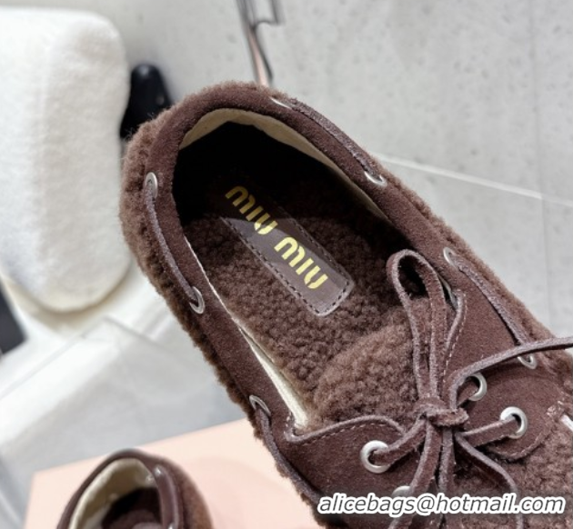 Luxury Miu Miu Shearling Laced-up Loafers with Bow Dark Brown 5D525E 1025018 2025