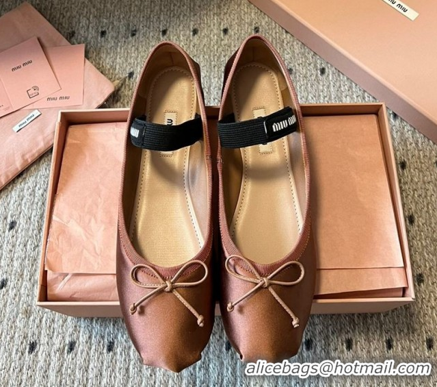 Good Quality Miu Miu Satin Ballerinas Flat with Bow and Elastic Band Brown 5F794D 1025022 2025