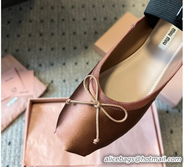 Good Quality Miu Miu Satin Ballerinas Flat with Bow and Elastic Band Brown 5F794D 1025022 2025