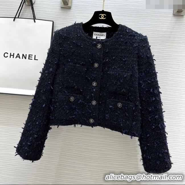 Best Price Chanel Fringe Tweed Jacket CH91309 Blue 2025