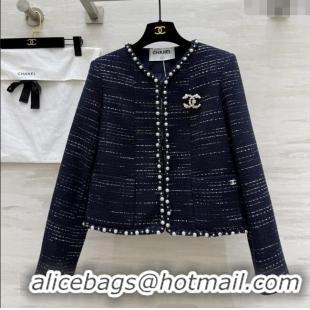 Top Grade Chanel Tweed Jacket with Pearls CH91312 Blue 2025