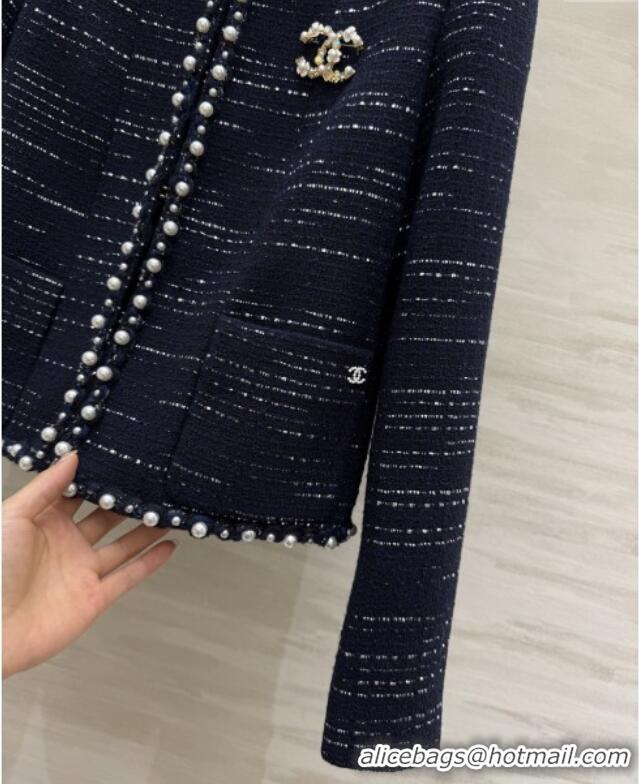 Top Grade Chanel Tweed Jacket with Pearls CH91312 Blue 2025