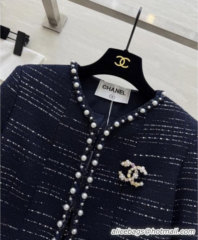 Top Grade Chanel Tweed Jacket with Pearls CH91312 Blue 2025