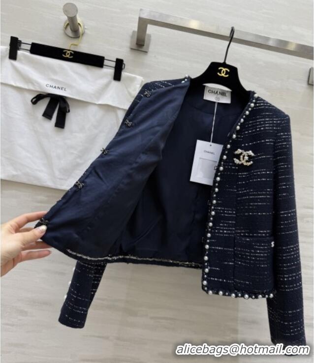 Top Grade Chanel Tweed Jacket with Pearls CH91312 Blue 2025