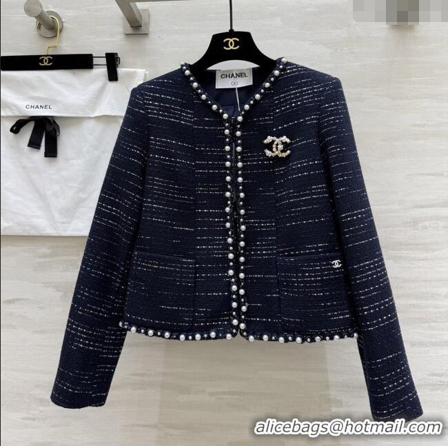 Top Grade Chanel Tweed Jacket with Pearls CH91312 Blue 2025