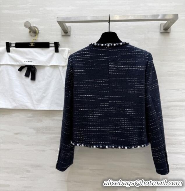 Top Grade Chanel Tweed Jacket with Pearls CH91312 Blue 2025
