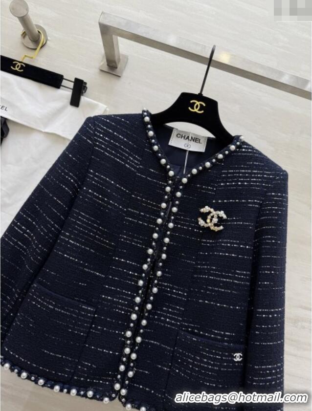 Top Grade Chanel Tweed Jacket with Pearls CH91312 Blue 2025