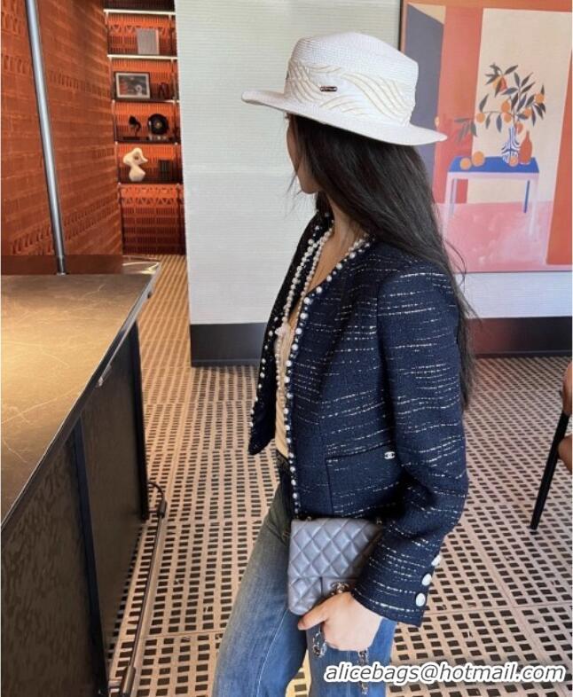 Top Grade Chanel Tweed Jacket with Pearls CH91312 Blue 2025
