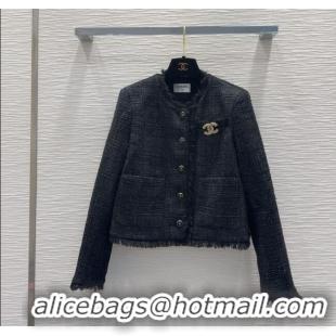 Best Quality Chanel Wool Cotton Jacket with Fringes CH091903 Black 2025