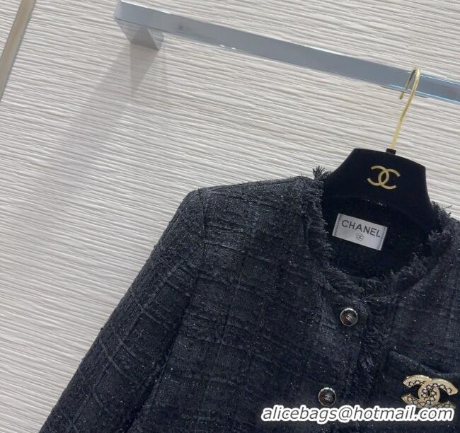 Best Quality Chanel Wool Cotton Jacket with Fringes CH091903 Black 2025