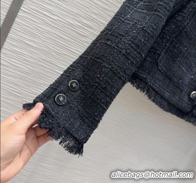 Best Quality Chanel Wool Cotton Jacket with Fringes CH091903 Black 2025