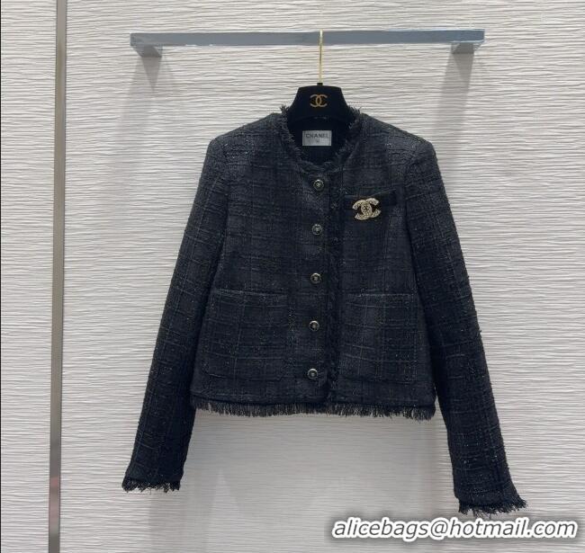 Best Quality Chanel Wool Cotton Jacket with Fringes CH091903 Black 2025