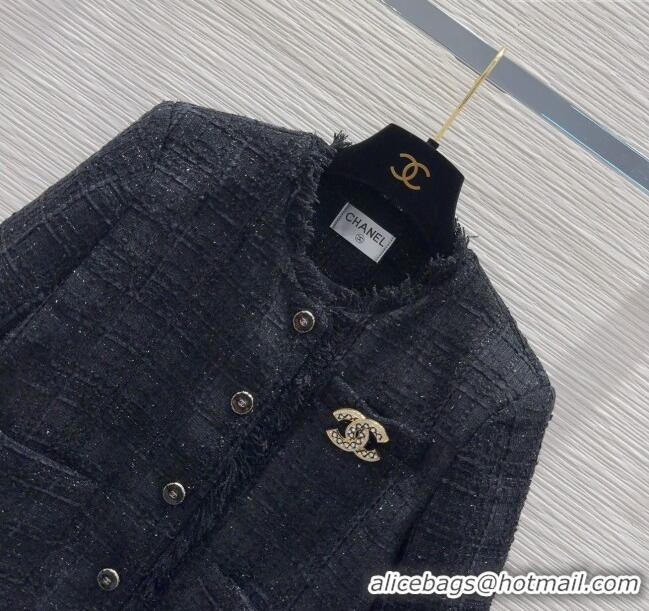 Best Quality Chanel Wool Cotton Jacket with Fringes CH091903 Black 2025