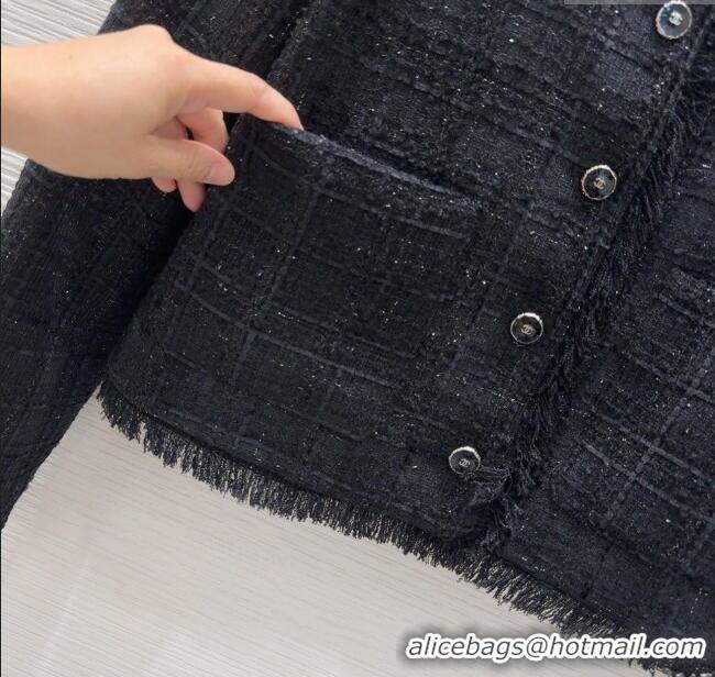 Best Quality Chanel Wool Cotton Jacket with Fringes CH091903 Black 2025