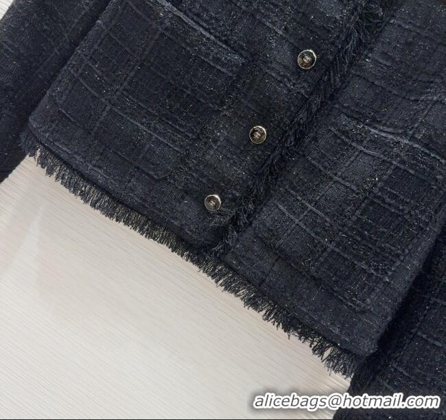 Best Quality Chanel Wool Cotton Jacket with Fringes CH091903 Black 2025