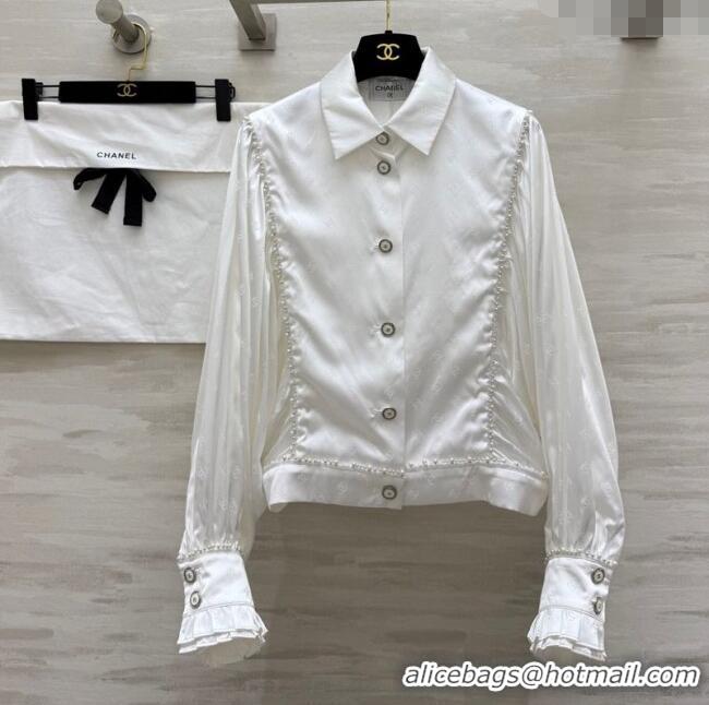 Buy Discount Chanel CC Print Shirt with Pearls CH091963 White 2025