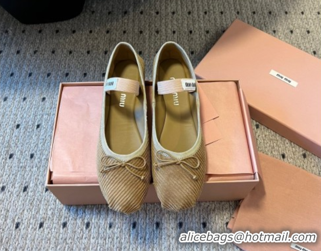 Duplicate Miu Miu Corduroy Ballerinas Flat with Bow and Elastic Band 5F794D Beige 2025