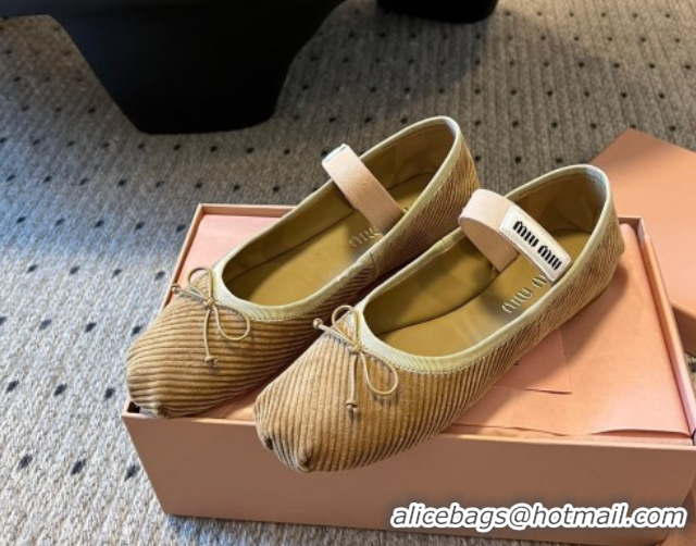 Duplicate Miu Miu Corduroy Ballerinas Flat with Bow and Elastic Band 5F794D Beige 2025