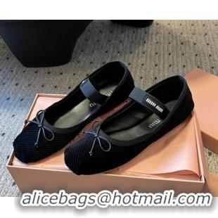 Fashion Miu Miu Corduroy Ballerinas Flat with Bow and Elastic Band 5F794D Black 2025