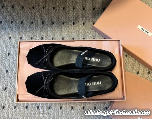 Fashion Miu Miu Corduroy Ballerinas Flat with Bow and Elastic Band 5F794D Black 2025