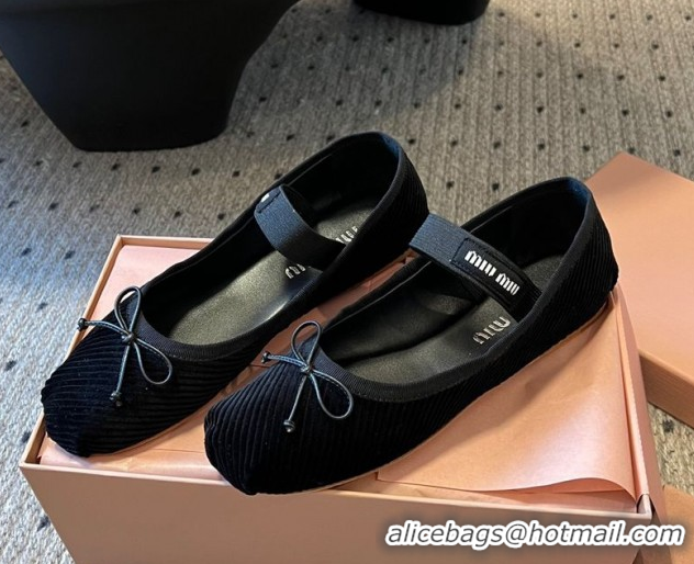Fashion Miu Miu Corduroy Ballerinas Flat with Bow and Elastic Band 5F794D Black 2025