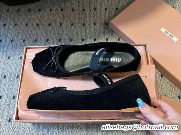Fashion Miu Miu Corduroy Ballerinas Flat with Bow and Elastic Band 5F794D Black 2025