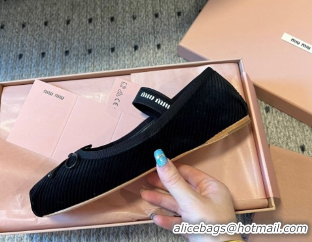 Fashion Miu Miu Corduroy Ballerinas Flat with Bow and Elastic Band 5F794D Black 2025