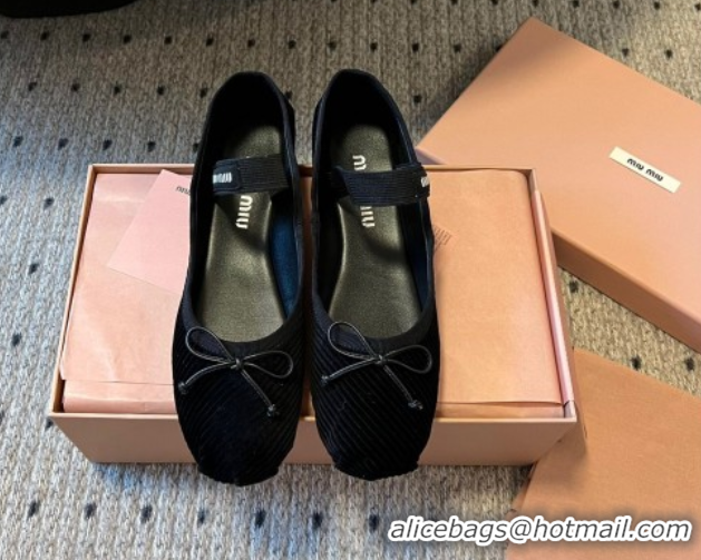 Fashion Miu Miu Corduroy Ballerinas Flat with Bow and Elastic Band 5F794D Black 2025