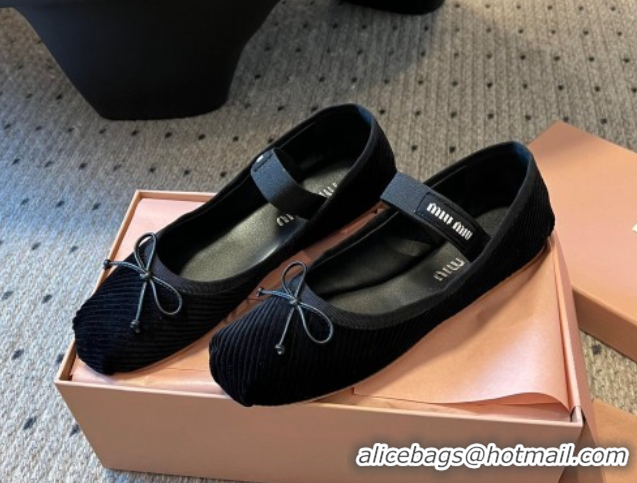 Fashion Miu Miu Corduroy Ballerinas Flat with Bow and Elastic Band 5F794D Black 2025