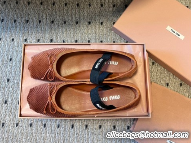 Stylish Miu Miu Corduroy Ballerinas Flat with Bow and Elastic Band 5F794D Brown 2025