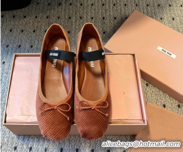 Stylish Miu Miu Corduroy Ballerinas Flat with Bow and Elastic Band 5F794D Brown 2025