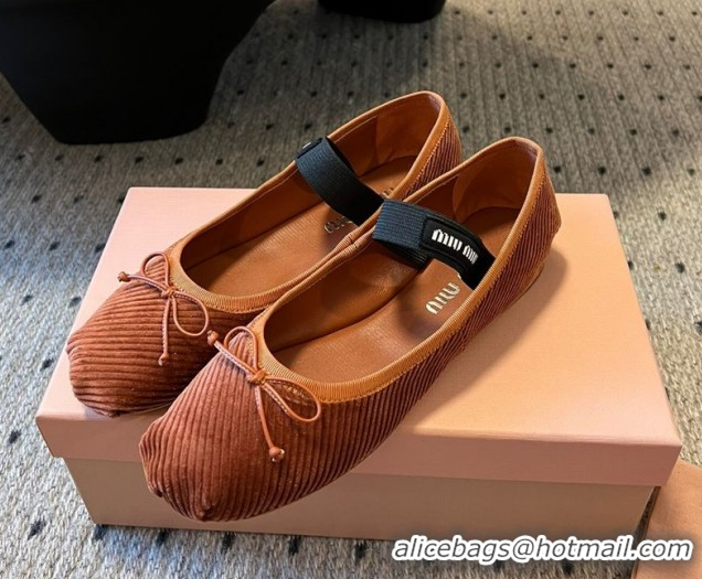 Stylish Miu Miu Corduroy Ballerinas Flat with Bow and Elastic Band 5F794D Brown 2025