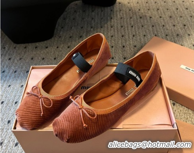 Stylish Miu Miu Corduroy Ballerinas Flat with Bow and Elastic Band 5F794D Brown 2025