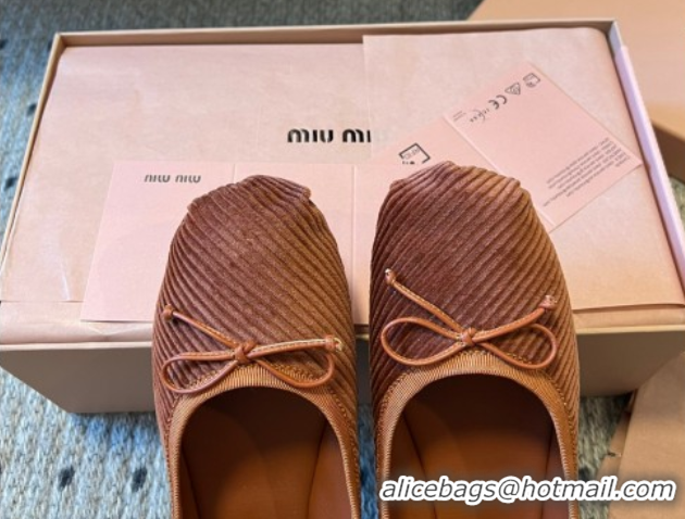 Stylish Miu Miu Corduroy Ballerinas Flat with Bow and Elastic Band 5F794D Brown 2025