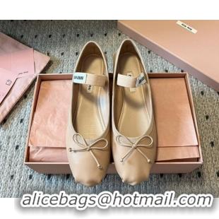 Best Price Miu Miu Leather Ballerinas Flat with Bow and Elastic Band 5F794D Beige 2025