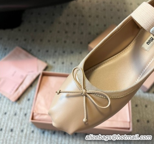 Best Price Miu Miu Leather Ballerinas Flat with Bow and Elastic Band 5F794D Beige 2025