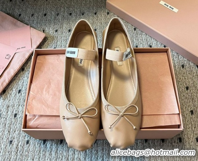 Best Price Miu Miu Leather Ballerinas Flat with Bow and Elastic Band 5F794D Beige 2025