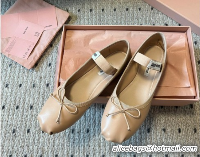 Best Price Miu Miu Leather Ballerinas Flat with Bow and Elastic Band 5F794D Beige 2025