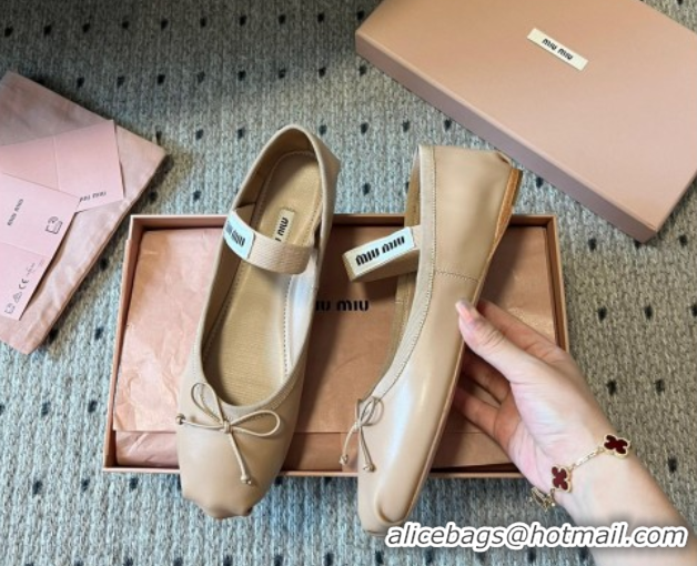 Best Price Miu Miu Leather Ballerinas Flat with Bow and Elastic Band 5F794D Beige 2025