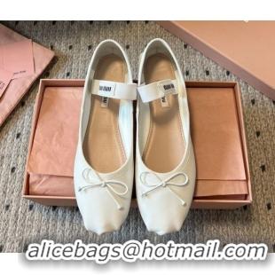 Classic Hot Miu Miu Leather Ballerinas Flat with Bow and Elastic Band 5F794D White 2025