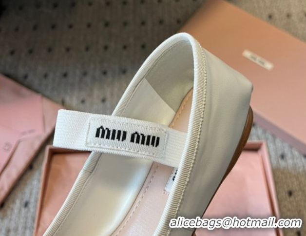 Classic Hot Miu Miu Leather Ballerinas Flat with Bow and Elastic Band 5F794D White 2025