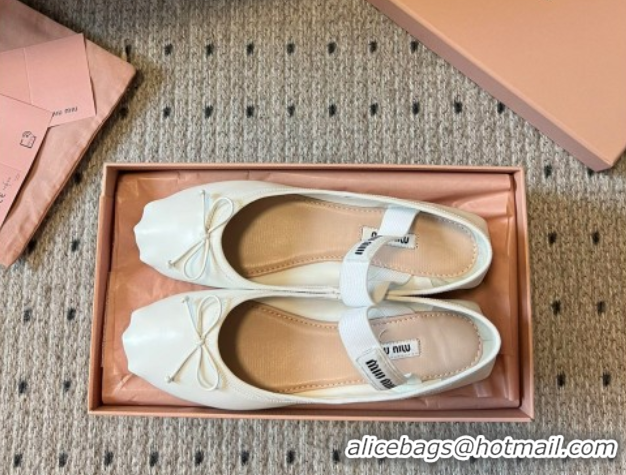 Classic Hot Miu Miu Leather Ballerinas Flat with Bow and Elastic Band 5F794D White 2025