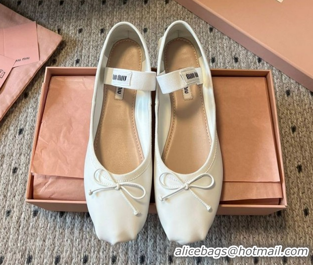 Classic Hot Miu Miu Leather Ballerinas Flat with Bow and Elastic Band 5F794D White 2025