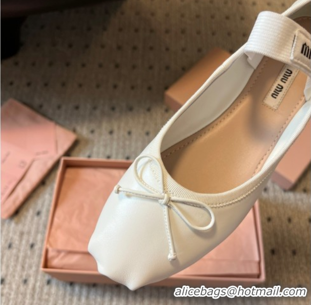 Classic Hot Miu Miu Leather Ballerinas Flat with Bow and Elastic Band 5F794D White 2025