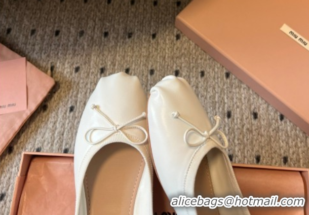 Classic Hot Miu Miu Leather Ballerinas Flat with Bow and Elastic Band 5F794D White 2025