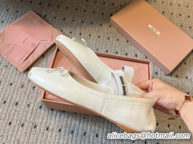 Classic Hot Miu Miu Leather Ballerinas Flat with Bow and Elastic Band 5F794D White 2025