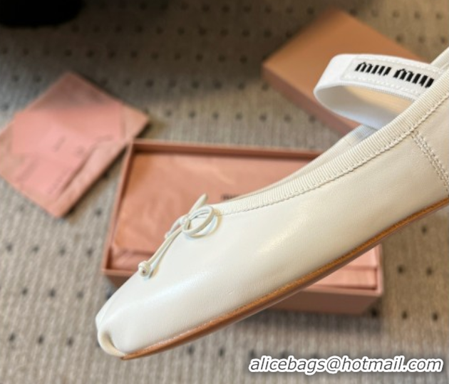 Classic Hot Miu Miu Leather Ballerinas Flat with Bow and Elastic Band 5F794D White 2025