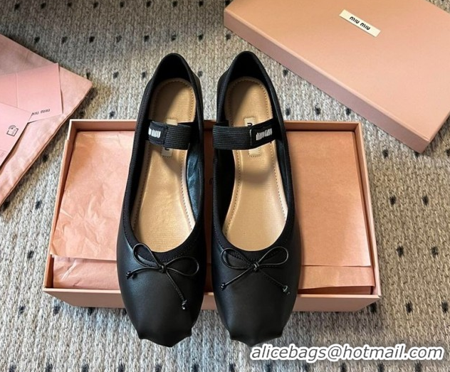 Good Quality Miu Miu Leather Ballerinas Flat with Bow and Elastic Band Black 5F794D 1025038 2025