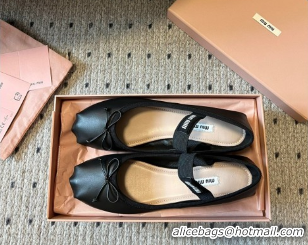 Good Quality Miu Miu Leather Ballerinas Flat with Bow and Elastic Band Black 5F794D 1025038 2025