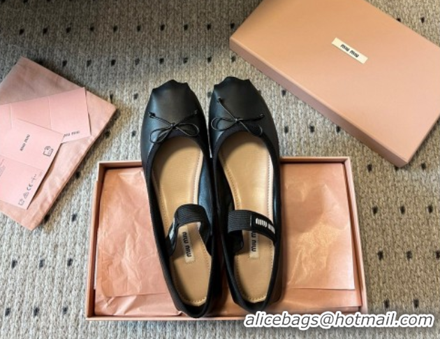 Good Quality Miu Miu Leather Ballerinas Flat with Bow and Elastic Band Black 5F794D 1025038 2025